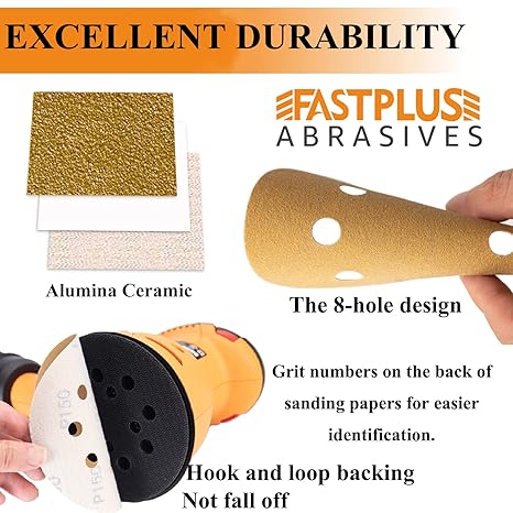 Fastplus 220 Grit Sanding Discs, 5" 8 holes (100pcs)